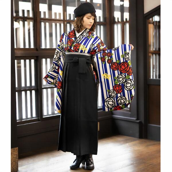 (中古品)二尺袖 単品「白青 縞に薔薇」貸衣装処分 レンタル処分品 卒業式 (メール便不可)