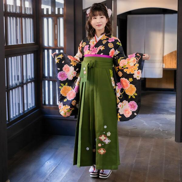 (中古品)二尺袖 単品「黒 桜楓橘 宝尽くし」貸衣装処分 レンタル処分品 卒業式 (メール便不可)