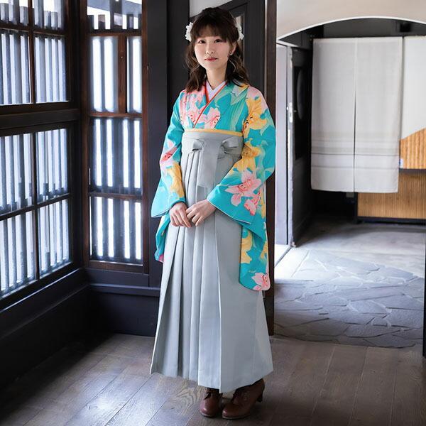 (中古品)二尺袖 単品「緑 百合に小鳥」貸衣装処分 レンタル処分品 卒業式 (メール便不可)