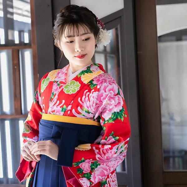 (中古品)二尺袖 単品「赤 菊牡丹」貸衣装処分 レンタル処分品 卒業式 (メール便不可)