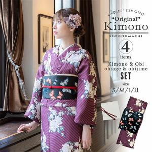 KIMONOMACHI 洗える着物 セット「袷着物:ばら 紫色+京袋帯:黒 KIMONOMACHI 洗える着物 セット「袷着物:ばら 紫色+京袋帯:黒