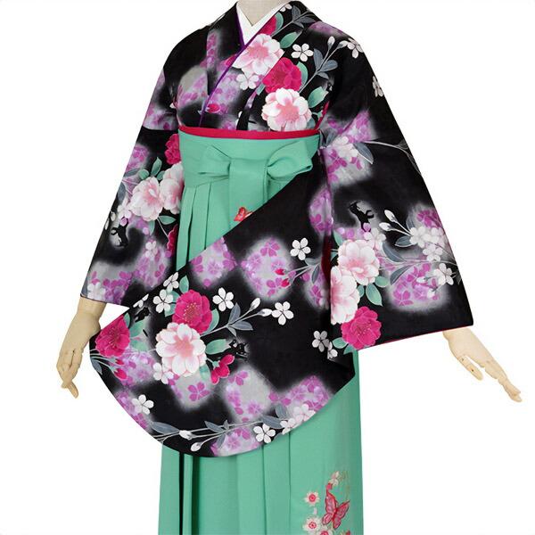 (中古品)二尺袖 単品「黒 夜桜ネコ」貸衣装処分 レンタル処分品 卒業式(メール便不可)