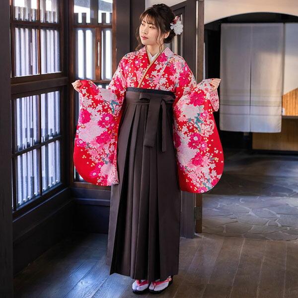 (中古品)二尺袖 単品「赤 牡丹と花にレース模様」貸衣装処分 レンタル処分品 卒業式(メール便不可)