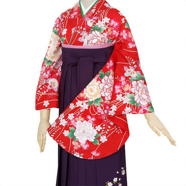 (中古品)二尺袖 単品「赤 牡丹と橘」貸衣装処分 レンタル処分品 卒業式(メール便不可)