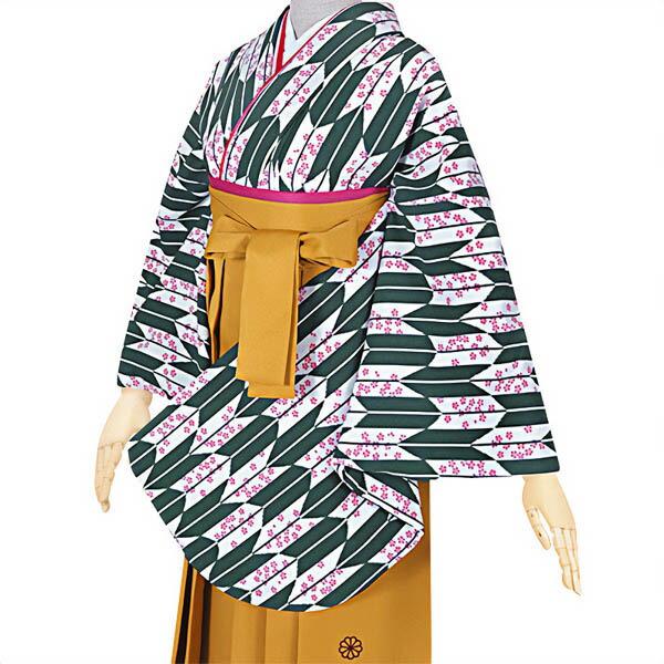 (中古品)二尺袖 単品「緑×白 矢羽根に小桜」貸衣装処分 レンタル処分品 卒業式(メール便不可)