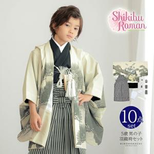 七五三 着物 男の子 5歳 羽織袴セット「白 鷹に波、笹」フルセット 5歳