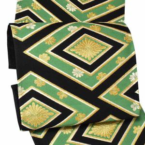 未使用［ 京袋帯 ］正絹　黒　更紗　金糸　規則的な柄　かさね帯　証紙 京袋帯 未使用 正絹 金糸 黒 紅紫 花 ストライプ 縞 おしゃれな