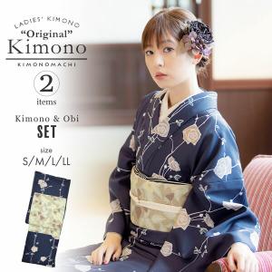 KIMONOMACHI 洗える着物 セット「袷着物：ストライプブーケグリーン＋