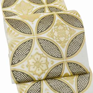 振袖 袋帯 単品「白地、金×香色 二重亀甲に菊桜」日本製 お仕立て