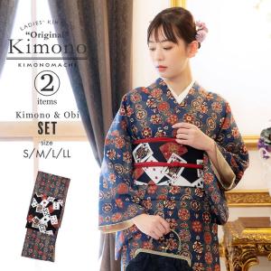 KIMONOMACHI 洗える着物 セット「袷着物：ストライプブーケ プラム＋京
