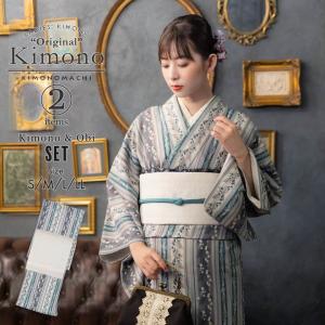 洗える 着物 4点セット オリジナル 袷 M 紺地ダマスク柄 ベージュ 帯