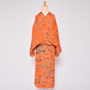 Prices down3）(中古品)羽織 「オレンジ 花」 正絹 総絞り