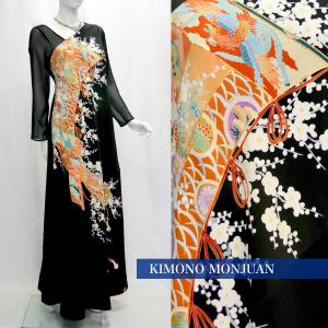 着物リメイク　ギャザー　ワンピース　振袖　ドレス　ロング　フレア　金銀彩　暈染 着物リメイク ギャザー ワンピース 振袖 ドレス ロング フレア 舞蝶花