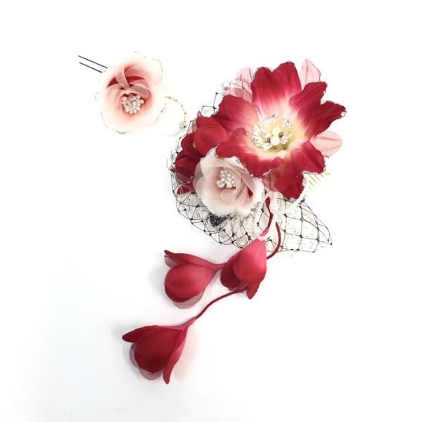 髪飾り 成人式 2点セット おしゃれ フラワー ピンク レッド チュール ラメ 振袖 袴 袴スタイル...