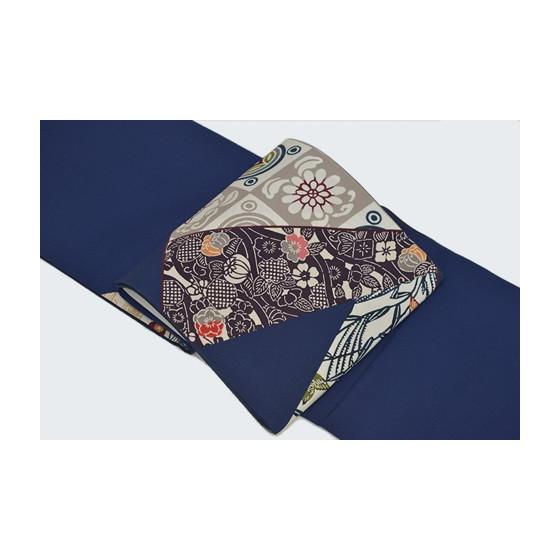 栗山吉三郎紅型染め「切ばめ」創作袋帯・紺色