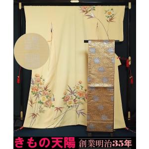 着物セット 牛首紬 洒落訪問着と西陣袋帯 2点セット 霞木立模様 白