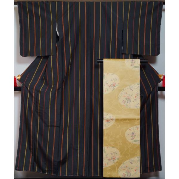 着物セット 伝統的工芸品 米琉八丈 未使用品 紬・名古屋帯 ２点 セット 黄八丈縞模様 米琉紬 置賜...