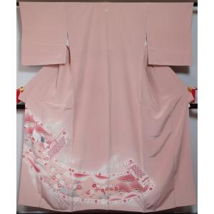 色留袖 鶴に熨斗・菊・梅模様 丸に抱き茗荷紋 ピンク色系