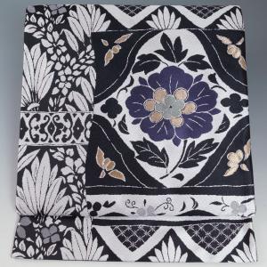 袋帯 未使用品 裂取に唐花模様 黒色 六通柄 フォーマル