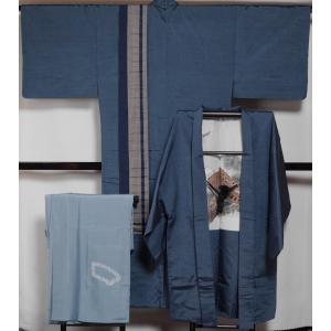 男着物 セット 米沢織 紬 着物・羽織 アンサンブル・角帯・長襦袢・羽織紐