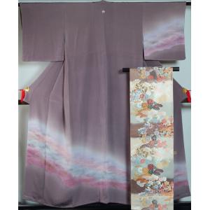 着物セット 牛首紬 洒落訪問着と西陣袋帯 2点セット 霞木立模様 白