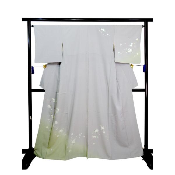 未使用に近い 付下げ 正絹 ブルーグレー 緑 暈しリサイクル 桜 枝桜 上品 礼装 結婚式 入学式 ...