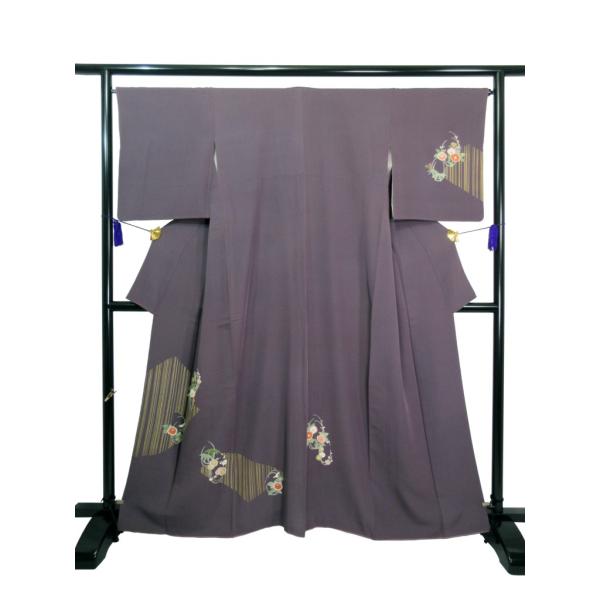 美品 付下げ 訪問着 紫 金駒刺繍 正絹 椿 梅 リサイクル 友禅 個性的  大きいサイズ 結婚式 ...