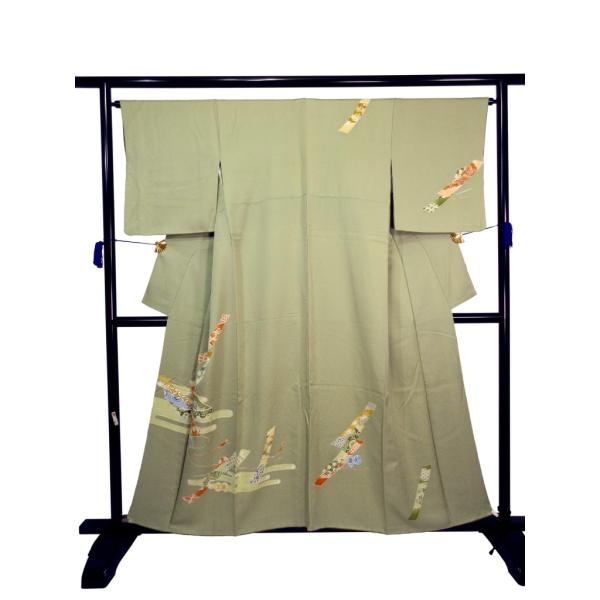 美品 友禅染 付下げ 正絹 抹茶色 古典柄 鼓 つづみ 熨斗文様 リサイクル 上品 礼装 結婚式 入...