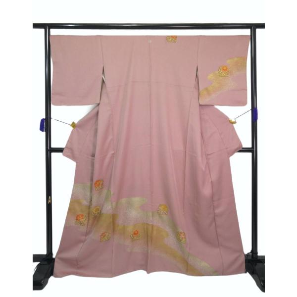 未使用 一つ紋 訪問着 梅鼠 渋い ピンク 椿 菊 しゃくなげ 正絹 リサイクル 大きいサイズ 紫 ...