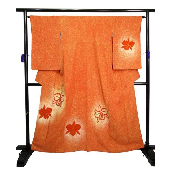 美品 オレンジ 付下げ 正絹 カトレア文様 洋花 たたき染め 金彩加工 リサイクル アンティーク 個...
