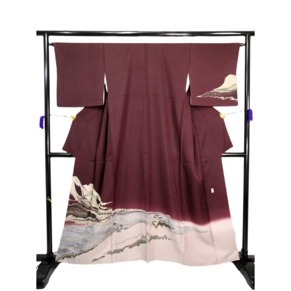 未使用に近い 作家物 訪問着 友禅染 風景 正絹 リサイクル ガード加工 紫 赤紫 礼装 結婚式 入...