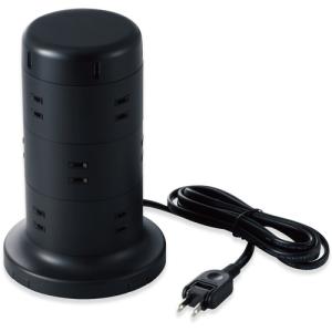 エレコム TT-U02-1220BK タワー型タップ 12個口 雷サージ付 ホコリ防止シャッター付 固定可能 5ポート合計出力4.8A 2.0m ブラック｜kimuraya-select