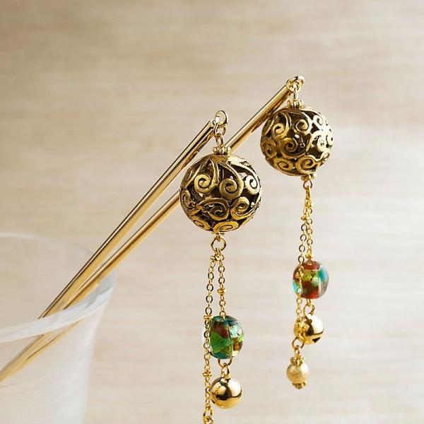 「金彩 2 mini かんざし 01」かんざし シンプル 一本 花 和装 とんぼ玉 簪 和装 ゴール...