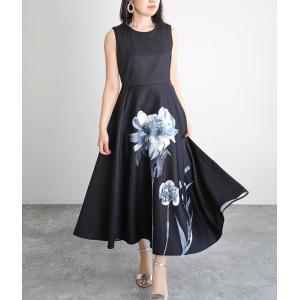 「cawaii french」レディースファッション ワンピース ロング丈 フレア ノースリーブ 花柄 ブラック モノトーン かわいい kawaii cawaii 服 服の通販