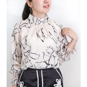「cawaii french」レディース ファッション トップス ブラウス 長袖 キャンディスリーブ ハイネック 総柄 線画 シフォン オフィス きれい かわいい