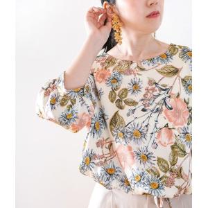 「cawaii french」レディース ファッション トップス ブラウス パフスリーブ ドロップショルダー 七分袖 花柄 フラワー ウエストマーク とろみ ノスタルジック