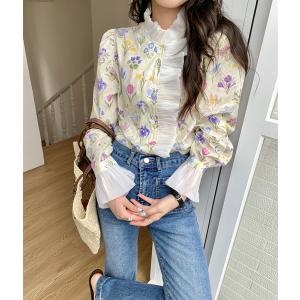 送料無料 トップス ブラウス シャツ 長袖 パフスリーブ ぽわん袖 総柄 花柄 フラワー フリル ベルスリーブ シアー トレンド 白 カラフル 「cawaii french」