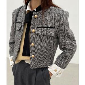 送料無料 アウター ジャケット ショート丈 ノーカラー スタンドカラー 配色 ツイード メタルボタン カフス 重ね着風 レイヤード風 グレー「cawaii french」