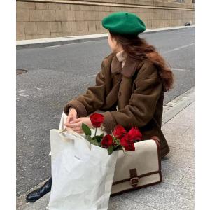 送料無料 アウター コート ジャケット ボア 2way リバーシブル エコレザー ゆったり フェイクムートン ベージュ ブラウン「cawaii french」