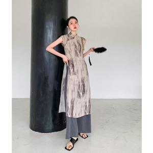 送料無料 ワンピース ドレス ノースリーブ プリント スタンドカラー チャイナ服 民族衣装 エスニック 「cawaii french」