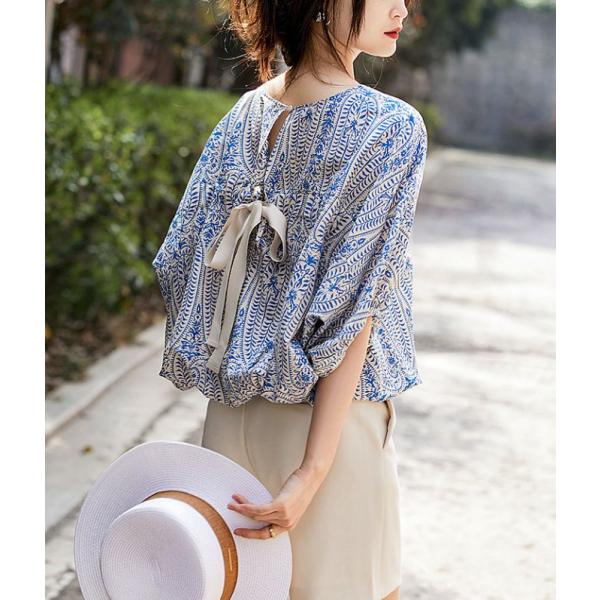 「cawaii french」後ろリボンとペイズリー模様のスモック風ブラウス【ブルー】