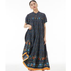 送料無料 ワンピース ドレス 半袖 パフスリーブ ロング ロング丈 花柄 リバティ柄 総柄 フラワープリント スタンドカラー ボヘミアン 民族調「cawaii french」