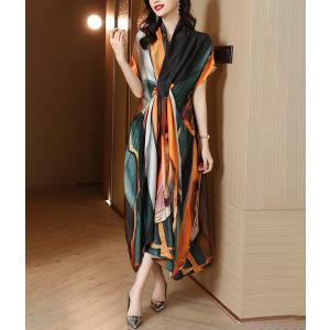 送料無料 ワンピース ロング 半袖 Vネック カシュクール 幾何柄 グラフィック オレンジ グリーン グレー「cawaii french」