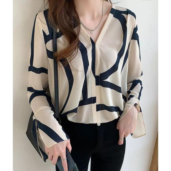 送料無料 トップス ブラウス レディース 長袖 総柄 幾何柄 ジオメトリック Vネック シアー シフ...