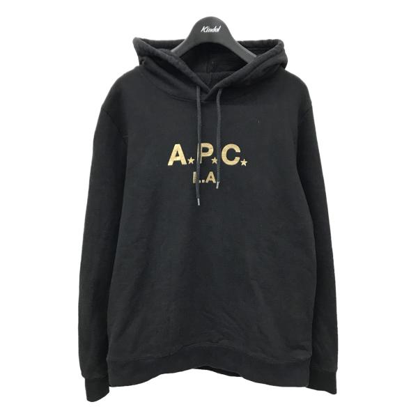 【値下げ】A．P．C． ロゴプリントパーカー LA フーディー ブラック サイズ：M (フレスポ東大...