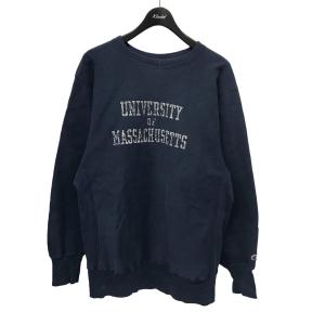 チャンピオン champion 90s後期 REVERSE WEAVE 3段プリント クルーネックスウェット 刺繍タグ ネイビー サイズ：XL｜kindal