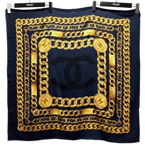 シャネル CHANEL シルクスカーフ ネイビー×イエロー
