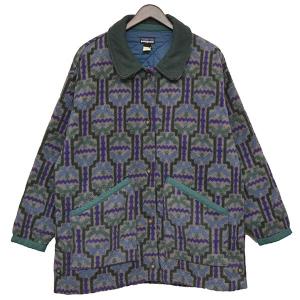 パタゴニア patagonia 1990s 雪なしタグ Vintage シャーリングコート　総柄フリースジャケット パープル×グリーン×ブルー サイズ｜kindal