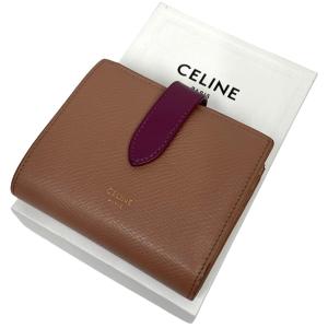 セリーヌ CELINE バイカラーグレインドカーフスキンスモールストラップウォレット財布 ピンク サイズ：タテ8.5cm×ヨコ10.5cm｜kindal