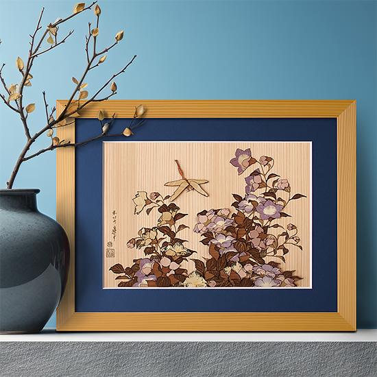 木はり絵手作りキット「桔梗に蜻蛉」　〜　ペーパークラフト感覚でできる木製アート　ギフトにもどうぞ